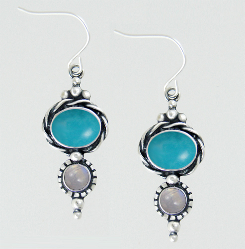 Sterling Silver Drop Dangle Earrings With Turquoise And Rainbow Moonstone